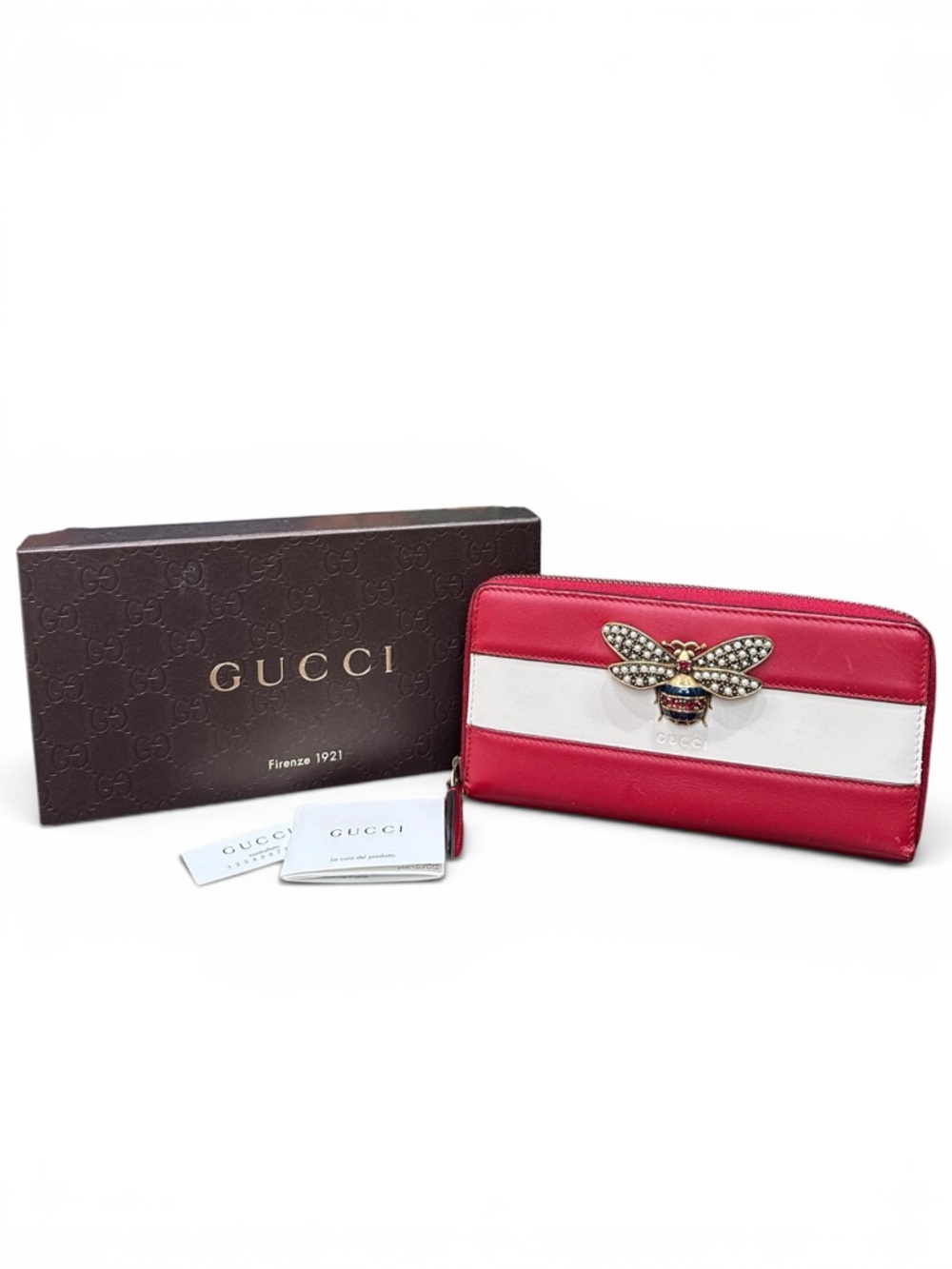 Gucci Queen Margaret Bee Zip Around Wallet Red Ivory Leather Full Set
